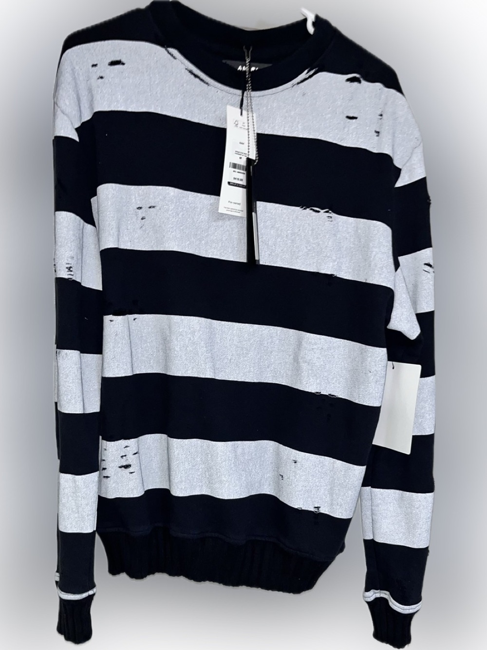 Amiri NWT Barneys NYC Striped Distressed Crewneck Sweater Black  Gray cashmere